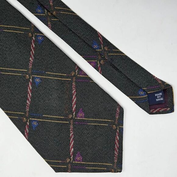 POLO SPORT RALPH LAUREN SILK TIE HAND MADE GREEN GOLF FLAG HERRINGBONE 4" X 58" - Picture 1 of 3